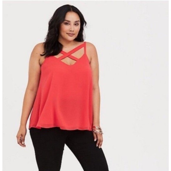 Torrid Layered Criss Cross Tank Size 5 Pink Coral Chiffon Flowy Plus Size - Picture 1 of 7